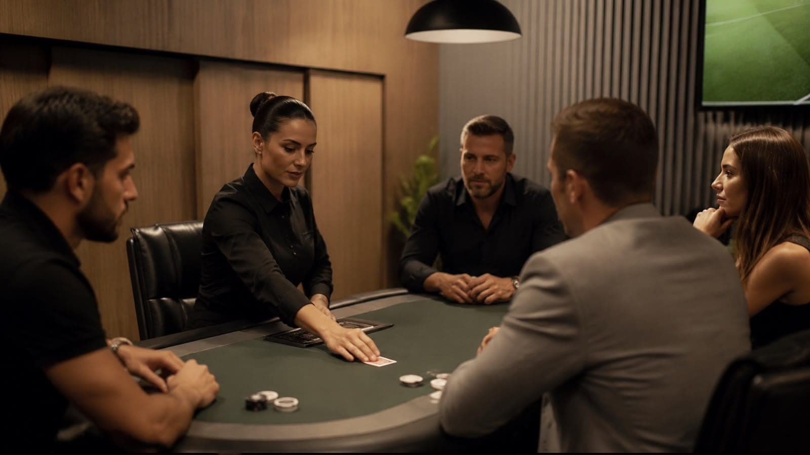 Jogadores e dealer em volta da mesa de feltro verde, no momento da distribuição das cartas