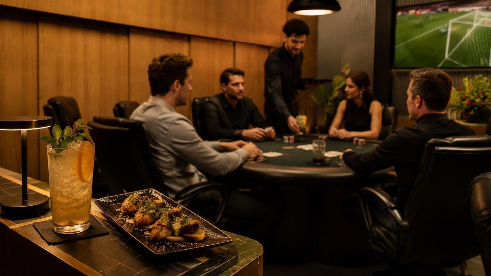 Garçom servindo um drink na mesa de jogo, com petisco e coquetel em primeiro plano